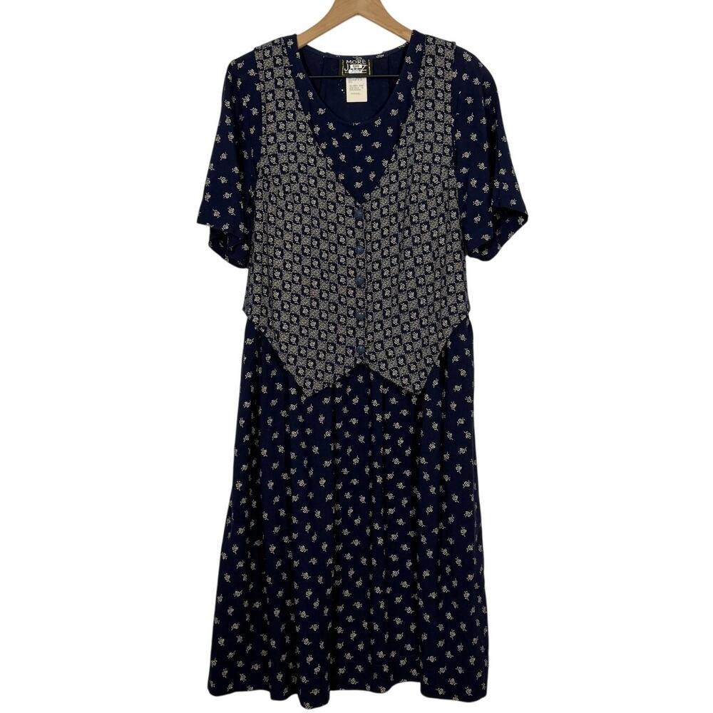 Nina Leonard Navy Floral Midi Dress with Patterned Vest